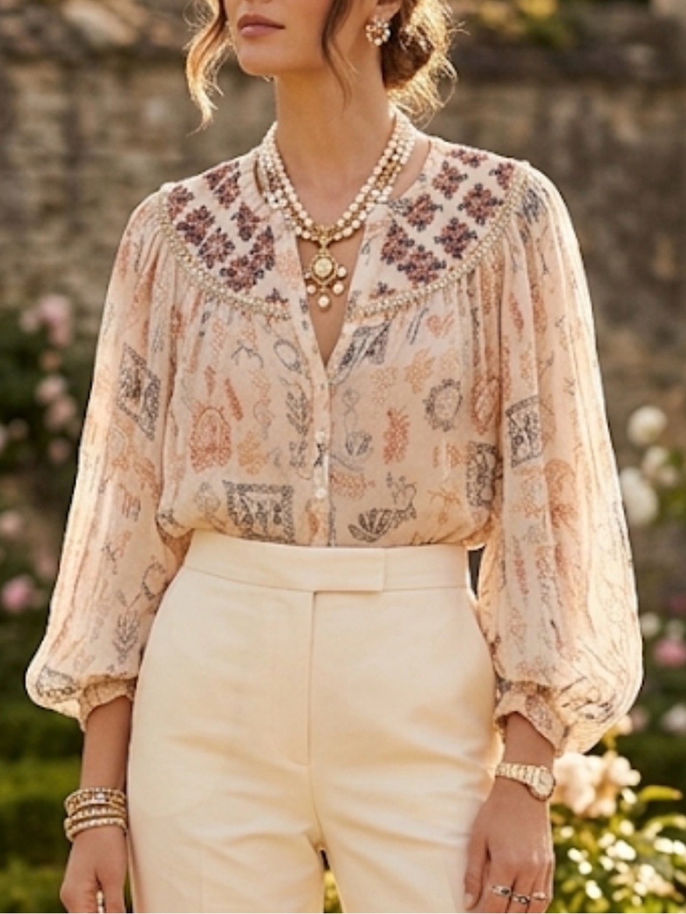 Velvet Graham Spencer Silk Blend Embroidered Beaded Boho Blouse Cream‎ Multi